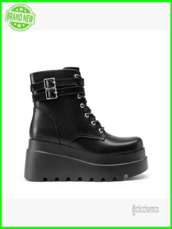 Women Goth Chunky Platform Combat Ankle Boots Lace Up Motorcycle Booties